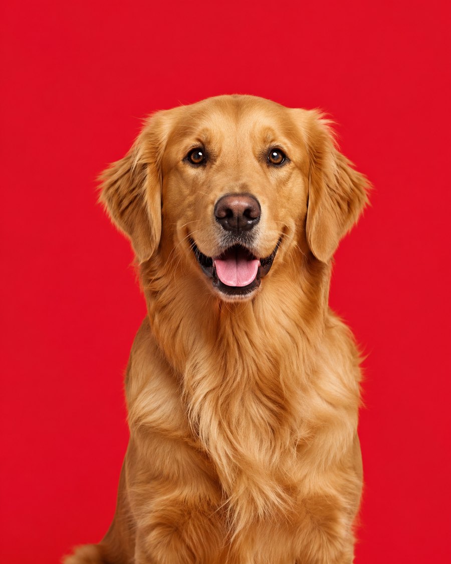 Golden retriever saludable sobre fondo rojo