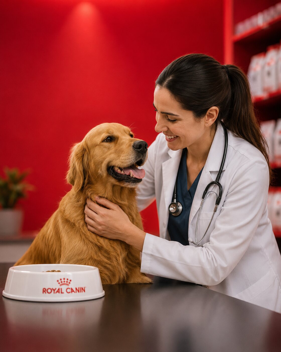 Veterinaria con un golden retriever y plato Royal Canin en clínica