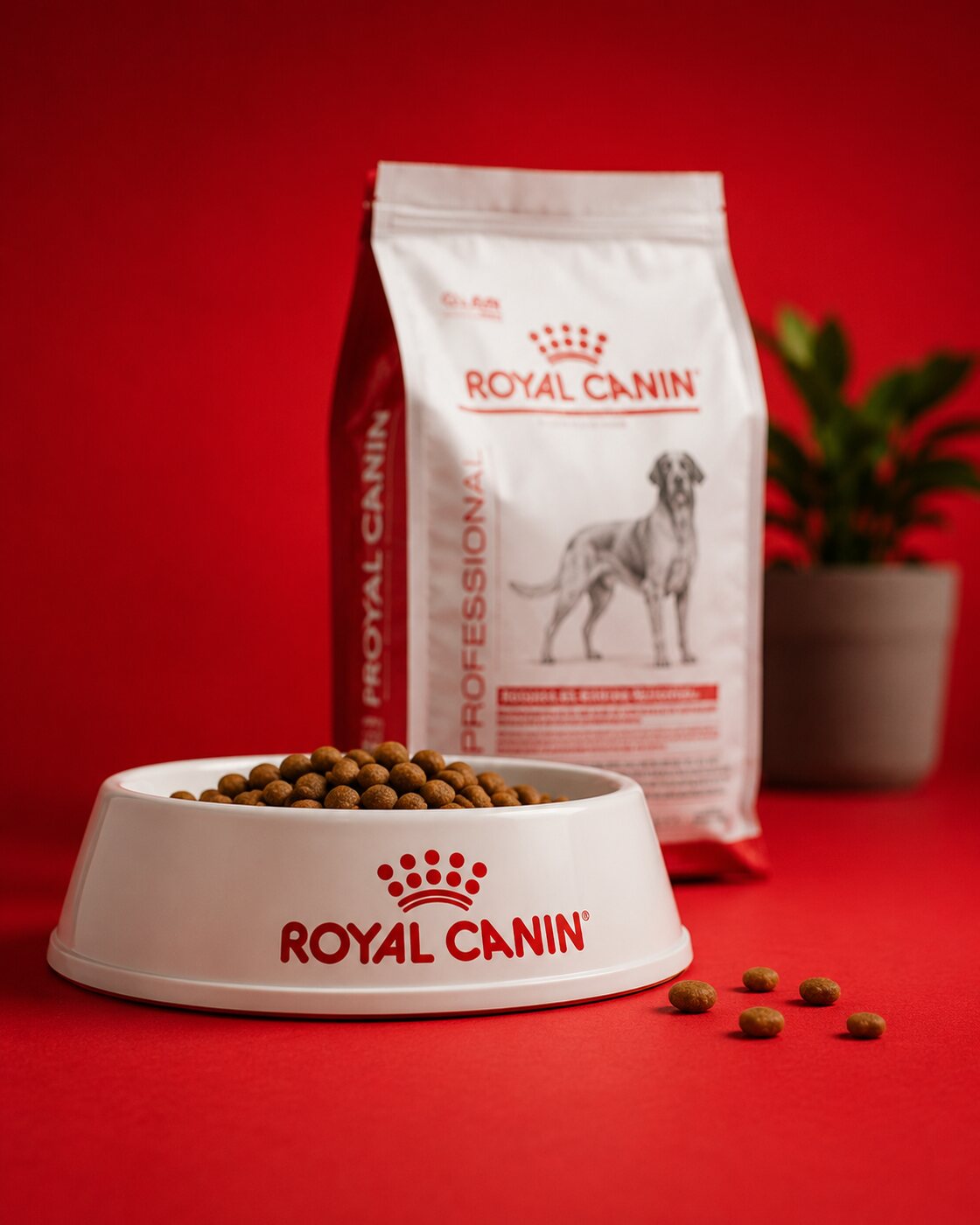 Saco y plato de alimento Royal Canin sobre fondo rojo