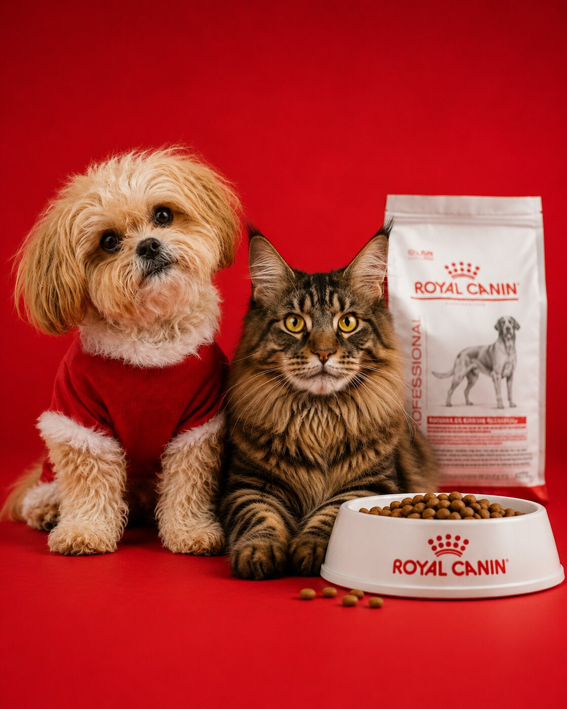 Perro y gato junto a alimento Royal Canin sobre fondo rojo